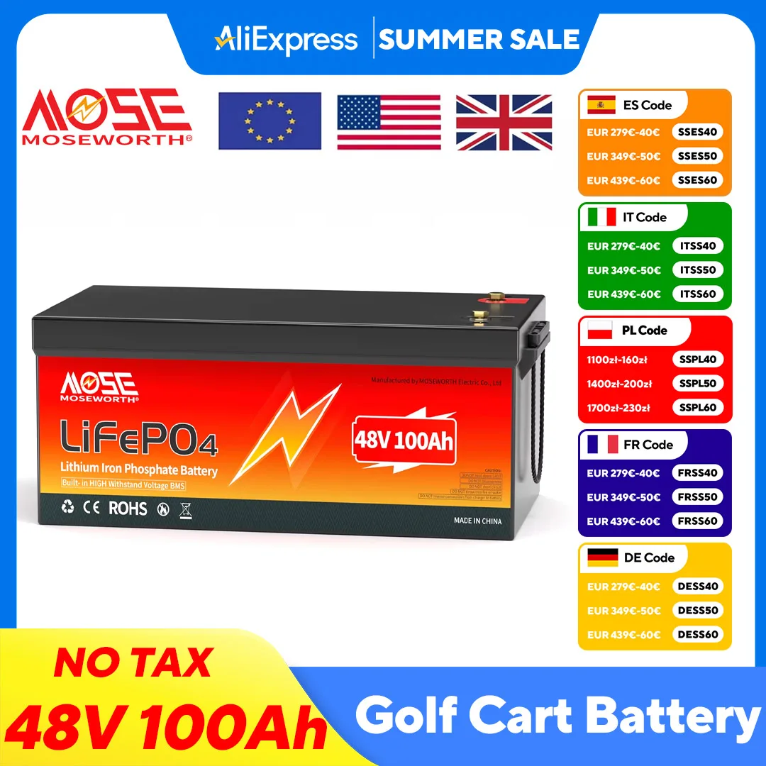 

48V 100Ah LiFePO4 Battery 48 Volt Lithium Golf Cart Battery Built-in 200A BMS Iron Phosphate Batteries for RV Solar No VAT/TAX