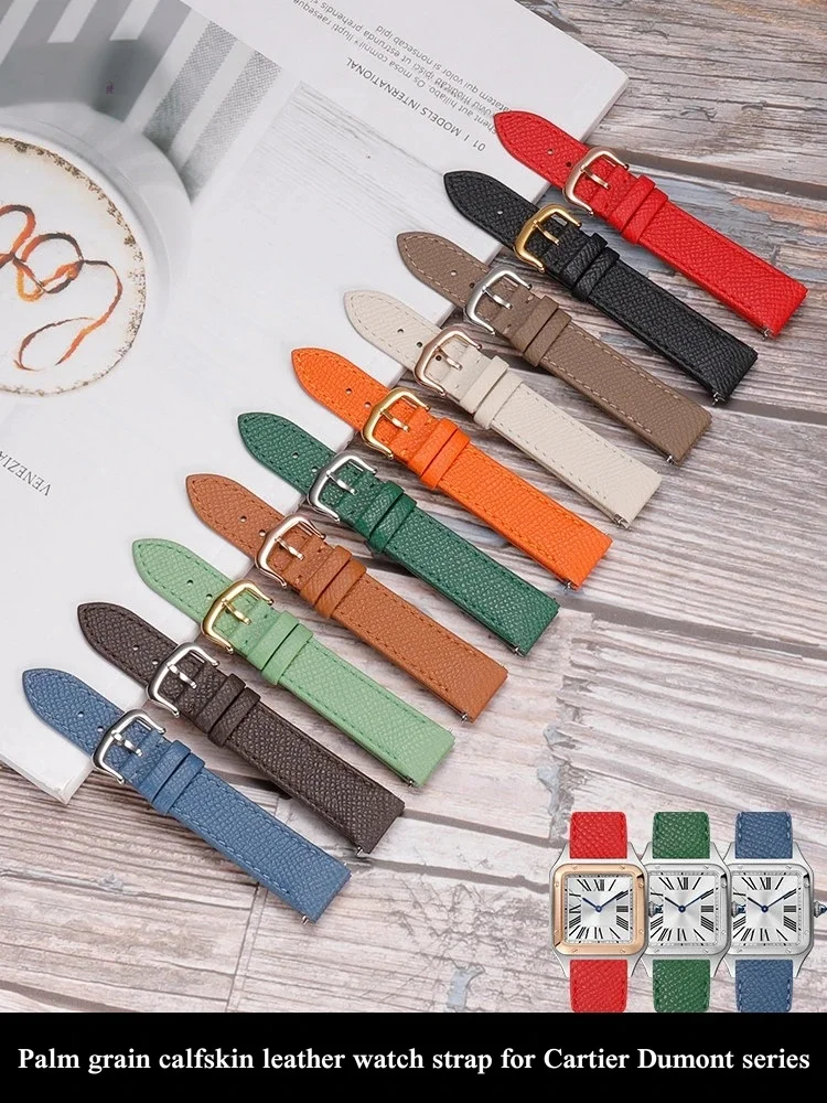 Best Genuine Cowhide Leather Watch Band Strap Compatible For Cartier Santos Dumont Soft Palm Grain Quick Release Pins Men Women