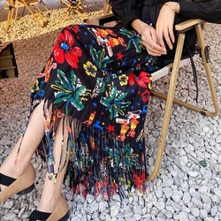 2023 Women Holiday Beach Skirts Female Spring Summer Printed Elastic Waist Fashion Pleated Skirt Package Hip Hem Floral Skirt