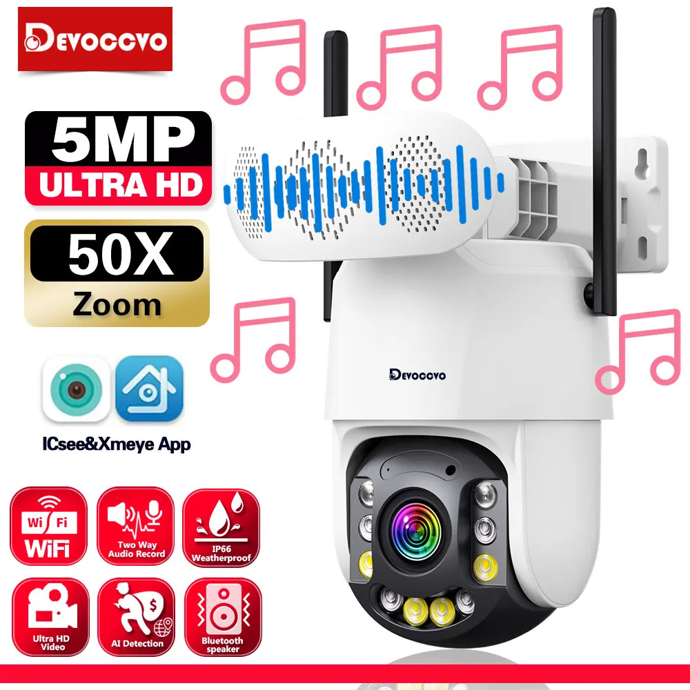 

Outdoor 5MP ICsee Wifi PTZ IP Security Camera 50X Zoom Color Night Vision CCTV Video Surveillance Camera With Bluetooth Speaker