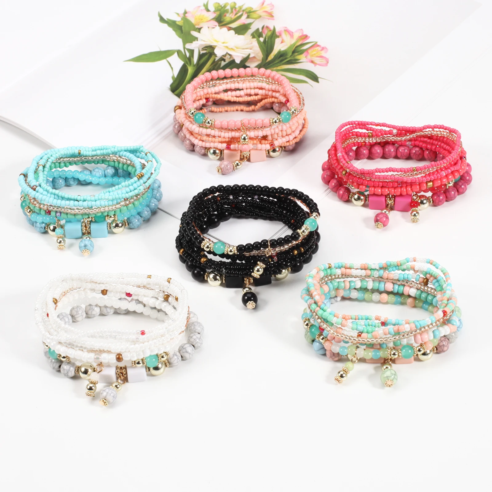 Bohemian Stackable Bead Bracelets for Women Stretch Multilayered Bracelet Set Multicolor Jewelry