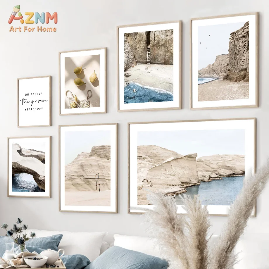 AZNM Neutral Coastal Cliff Canvas Print Ocean Beach Pear Fruit Inspirational Text Minimalist Boho Living Room Unframed Wall Post