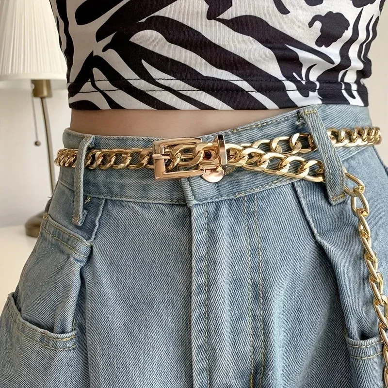 

New Elegant Women's Belt Metal Chain PU Material Trend Daily Versatile Jeans Dress Small Fragrance Women's Designer Belt