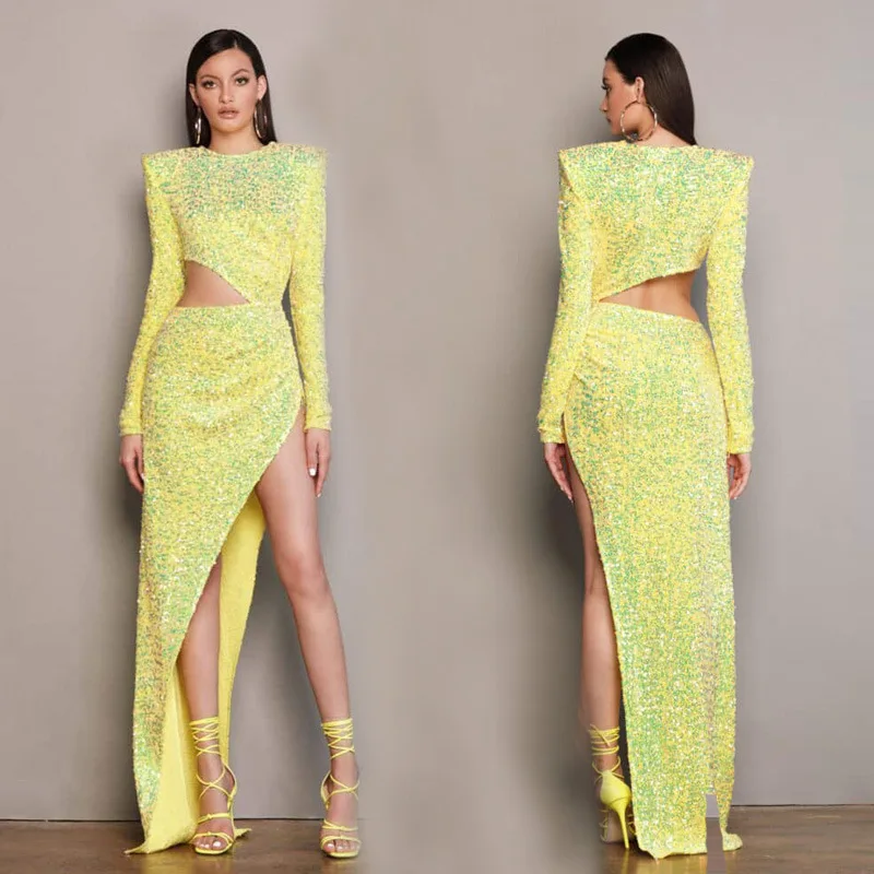 

Sexy Long Sve Slim Fit Sequin Dr High Waist Split Evening Gown for Women Par Performances Polyester Material Long Skirt