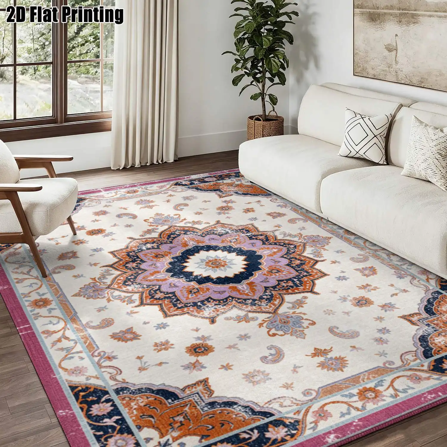 1Pc 2D Printed Carpet: Pink-Purple Floral Retro Pattern, European/Bohemian/Geometric Striped Style Home Decor, Multi-Size, Machine Washable, Ideal for Door Mats, Dining Room, Foyer, Bedroom, Living Room.