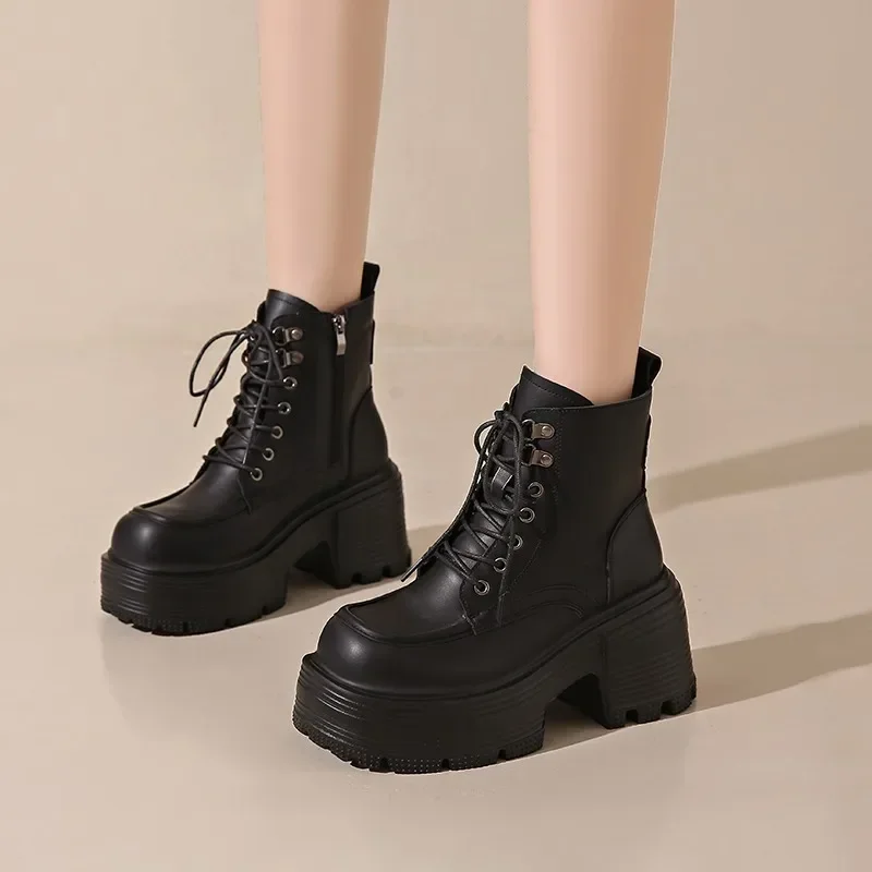 9CM Autumn Fashion Thick soled shoes for Women Winter 2024 Warm Versatile Height increasing Ankle Boots High top Leather shoes image 5