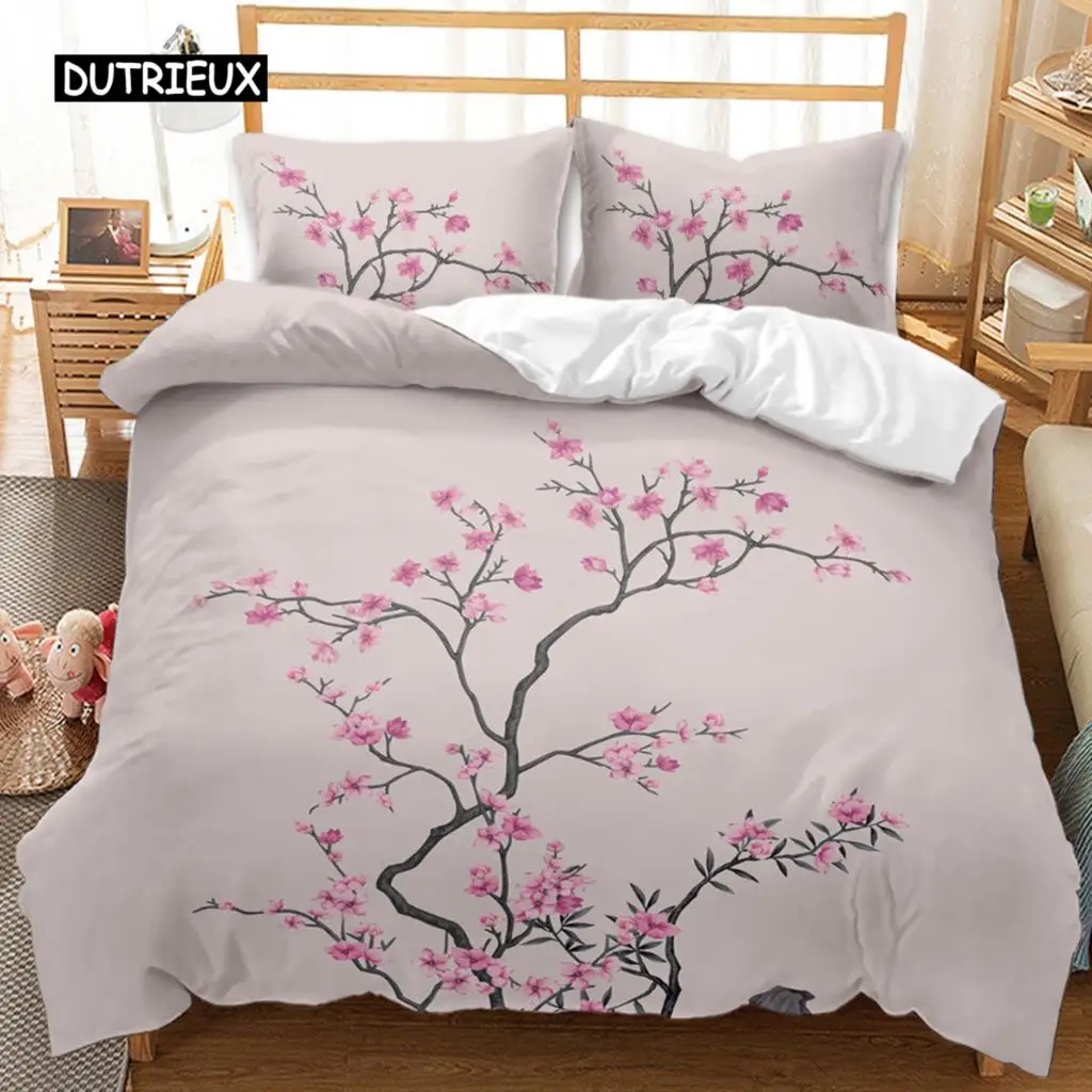 

3D Flower Duvet Cover Set Spring Peach Blossom Bedding Set Queen King Size Microfiber Branches Petal Pink Floral Comforter Cover
