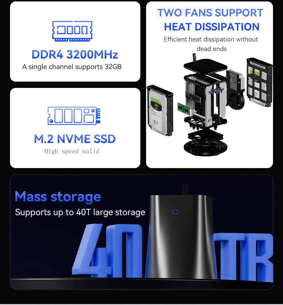 NAS Mini PC Intel N100 2LAN DDR4 M.2 NVMe SSD 2.5G Ethernet WiFi6 2x 2.5/3.5 polegadas HDD RAID Suporte FreeNas Windows 10/11