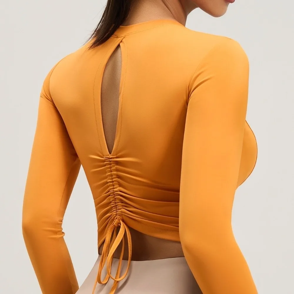 

Ruffled Fit Back Drawstring Sportswear with Chest Pad Long Sleeve Fitness Yoga Top Breathable Elastic Pilates Yoga Shirts Sport