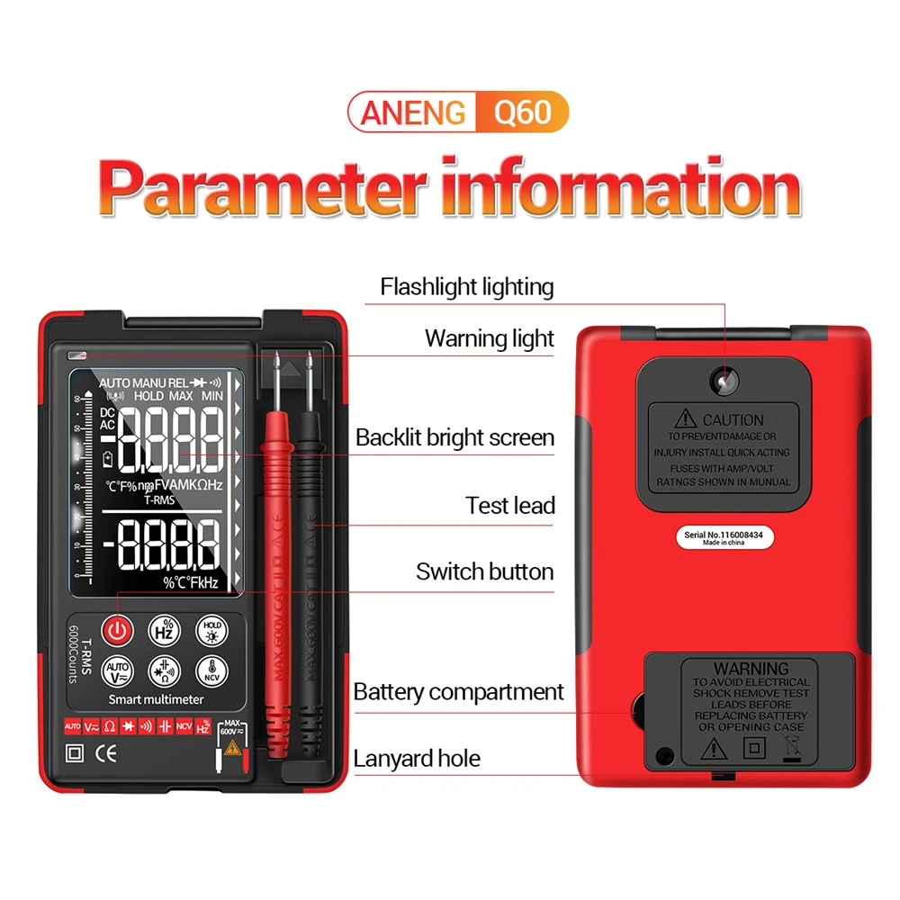 Q60 مقياس متعدد رقمي صغير ذكي 6000 عدد AI التعرف على الكلام الترانزستور تستر صحيح RMS السيارات الكهربائية السعة متر