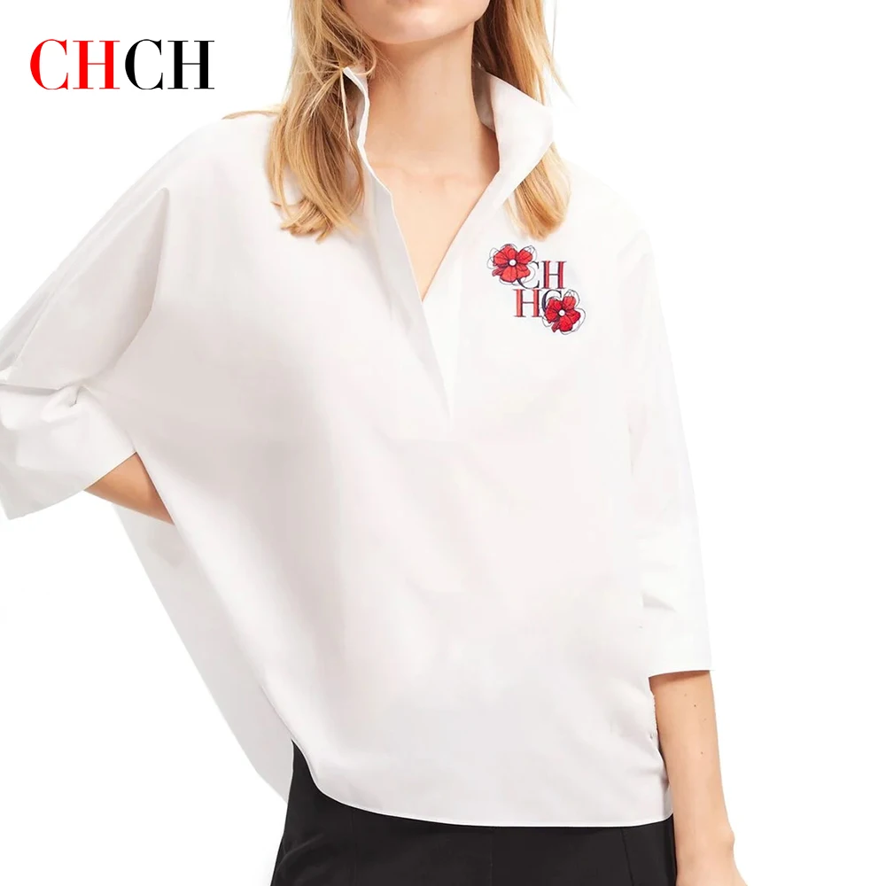 CHCH New 2024 Summer White Blouse 100% Cotton Elegant Temperament office Shirts Women Short Sleeve Casual Tops Solid Blusas