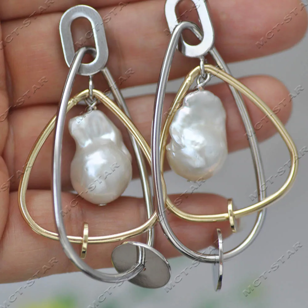 

Z13797 Double Ring 23mm White Baroque Reborn Keshi Pearl Dangle Earring Custom Jewelry
