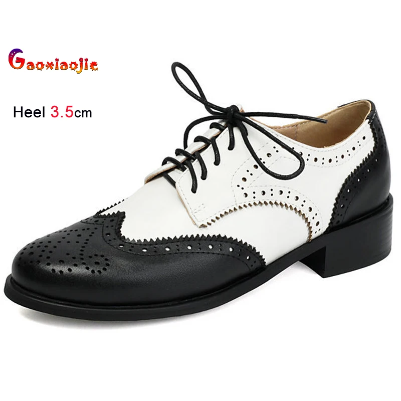 

2025 Spring Autumn Vintage Black White Women's Shoes Thick Low Heels 3.5cm Round Head Lace Up Female Flats Leisure Daily Shoes