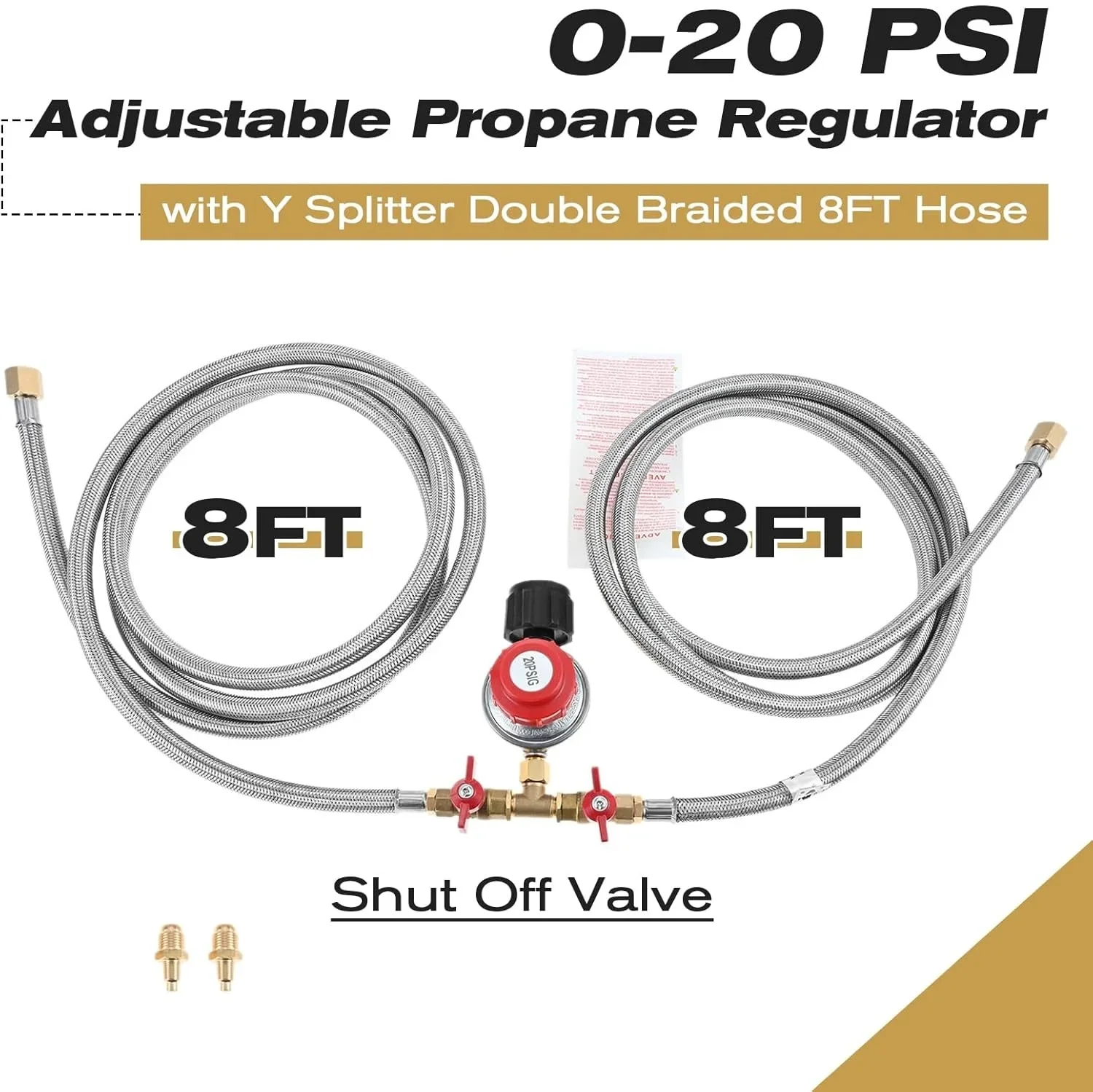 0-20 PSI Adjustable High Pressure Propane Regulator 8 Feet Y Splitter Double Braided Hose 3/8