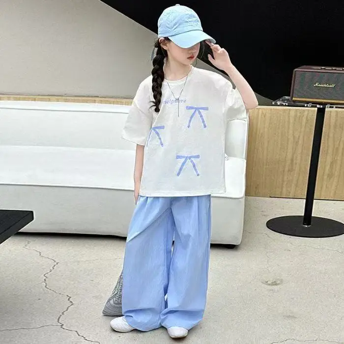 2026 summer Girls suit clothes children set Kids top bow short sleeve loose t shirt + wide leg pant 4 8 10 12 14 years teenager