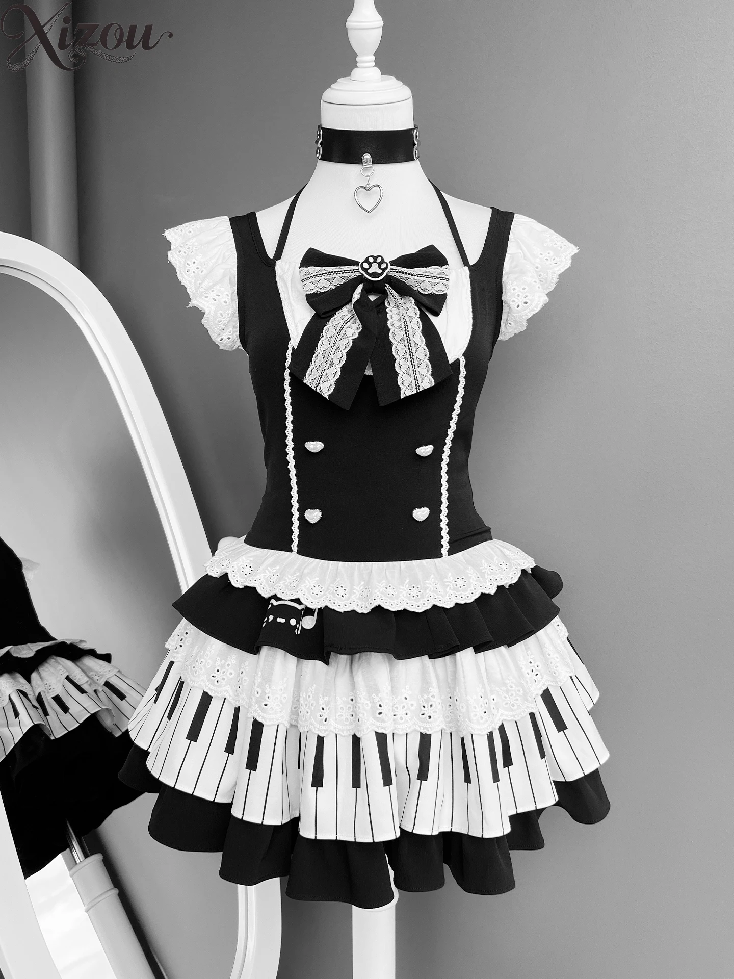 

Summer Piano Cat Japanese Women 2-Piece Set Cute Skirt Lace Bow Cross Neck Ruffled Slim Fit Top Y2k Dark Girls Outfits 2025