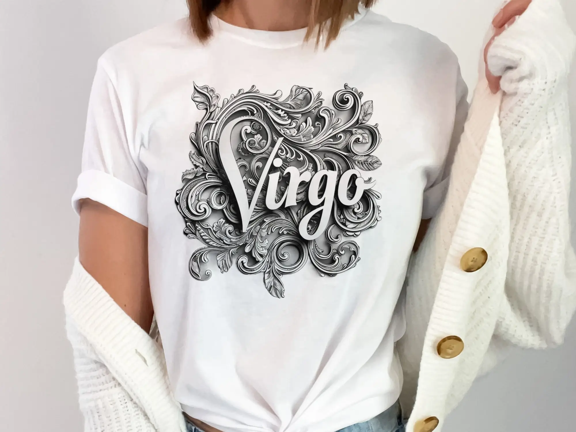 Virgo Zodiac Sign Art T Shirt Ornate Design Astrological Symbol Unique Horoscope Apparel