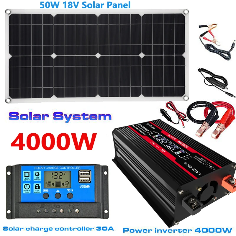 

110V/220V Solar Power System 50W Solar Panel 4000W Modified Sine Inverter 30A Controller Power Generation Kit for Home Outdoor