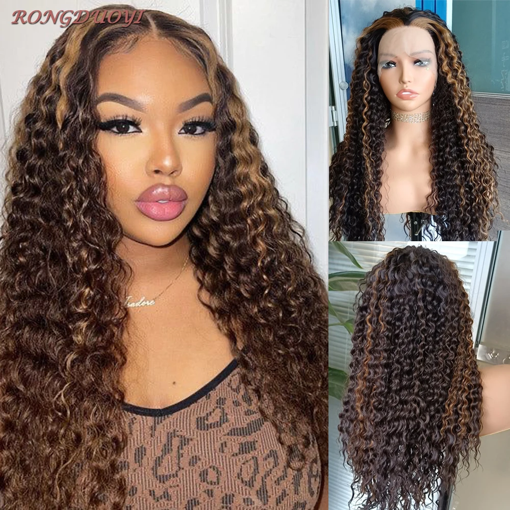 

RONGDUOYI Highlight Brown Afro Curly Lace Front Wig Long Deep Wave Synthetic Wig for Women Natural Hairline Heat Resistant Fiber