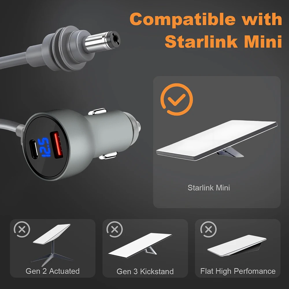 

For Starlink Mini Power Adapter 3in1 Car Charger To DC Power Cable QC3.0+PD Type C Waterproof Digital Voltmeter Phone Charger