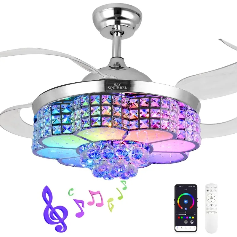 Retractable Crystal Ceiling Fan with Light, Remote Control and APP Control, with Color Temperature Memory 36W 42 Inch