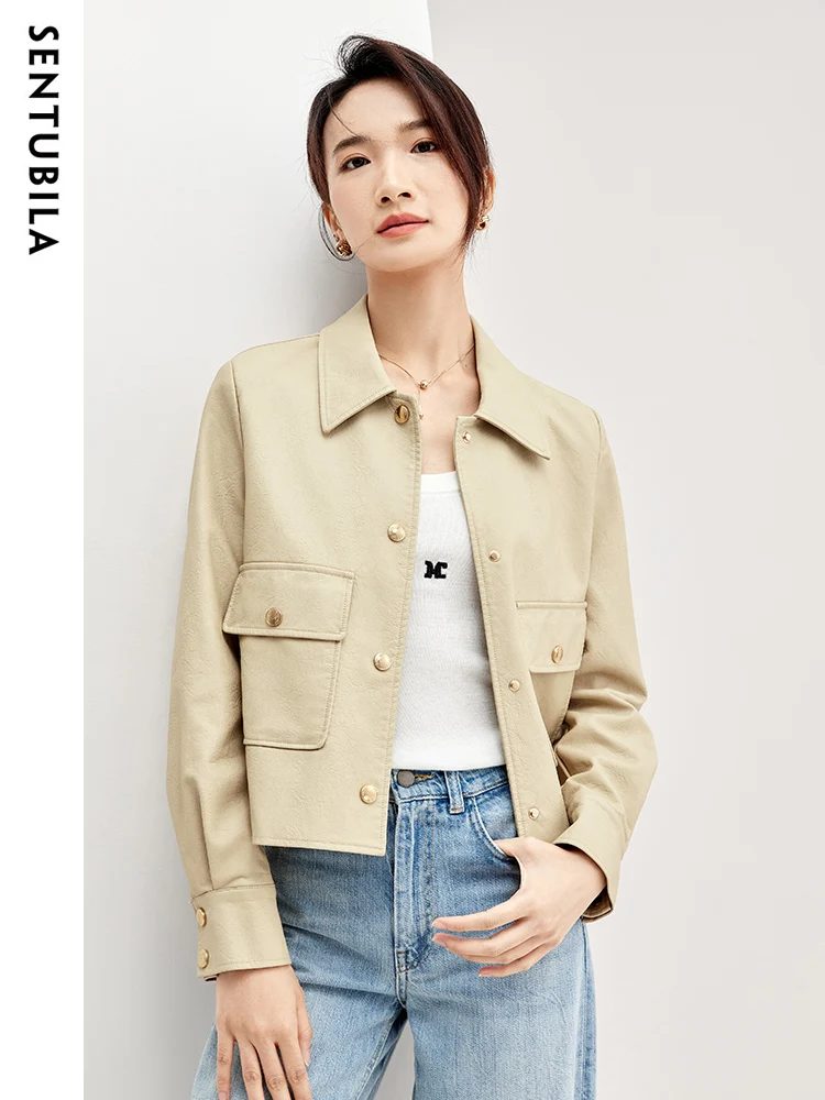 

SENTUBILA Khaki Pu Leather Jacket for Women 2024 Fashion Lapel Single Breasted Straight-cut Faux Leather Cropped Coat W33G50523