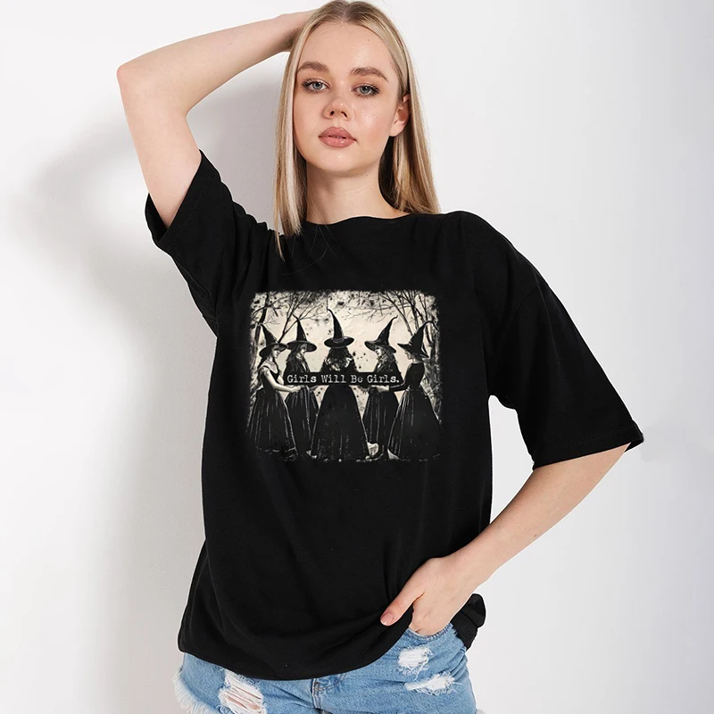 Shirts for Women Oversized Short Sleeve Witch Graphic T Shirts Girls 100%Cotton Tops Vintage Clothes Halloween Women Shirt