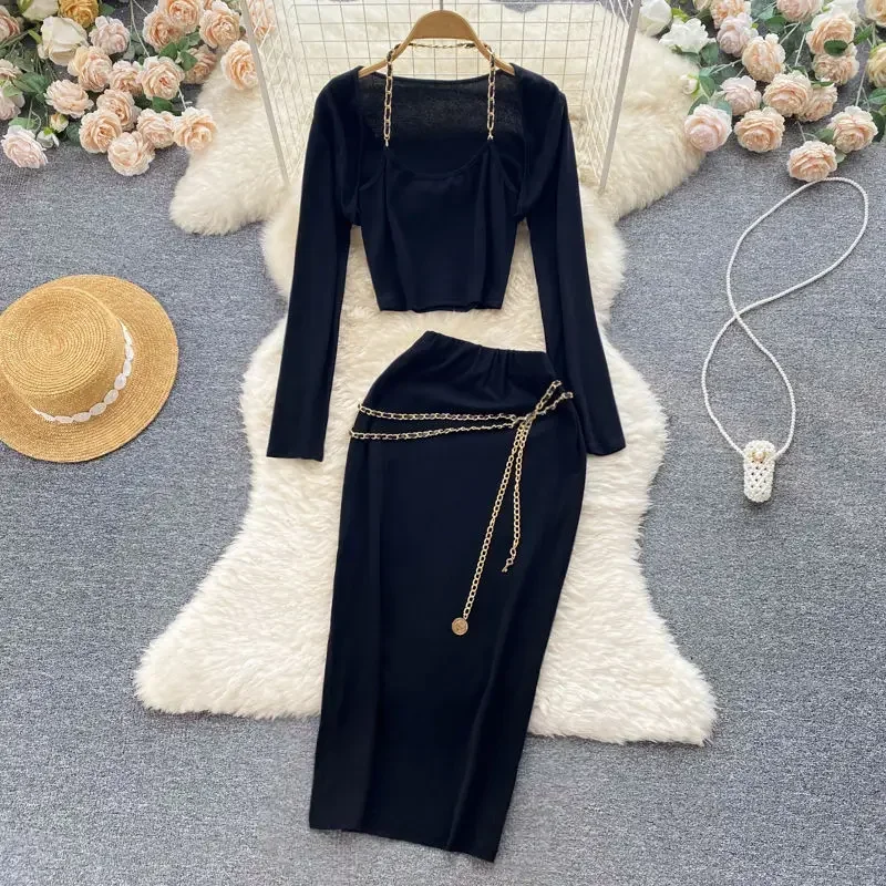 2024 Spice Girls Link Neck Long Sleeve T-shirt Top Two-piece Set Women's High Waist Medium Long Slim Hip Wrap Skirt