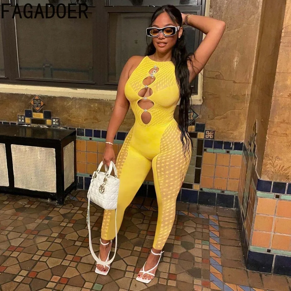 FAGADOER Sexy Mesh Splicing Perspective Bodycon Jumpsuits Women Round Neck Sleeveless Slim Playsuits Female Nightclub Overalls