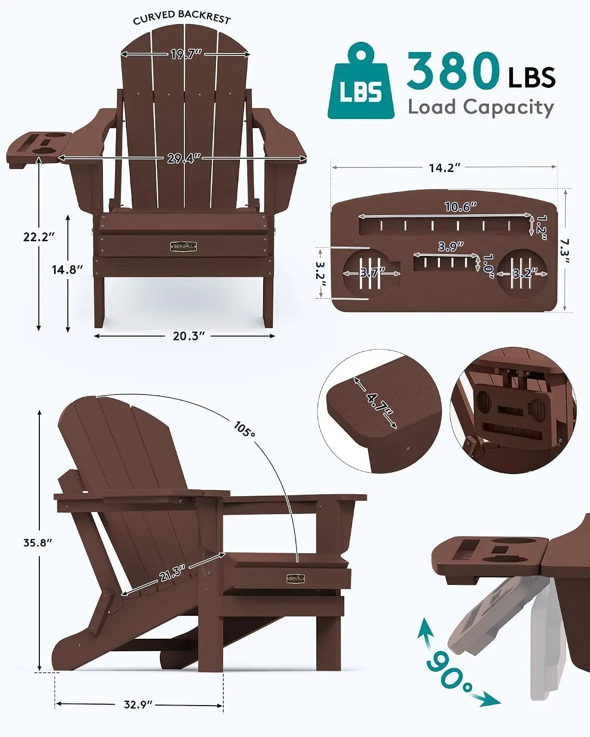 Folding Adirondack Chair Set 2, 4-in-1 Cup Holder, Outdoor Plastic Fire Pit Patio Garden Seating, Customized