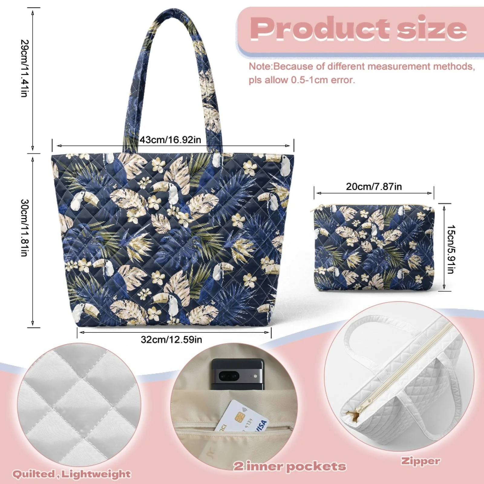 Coloranimal Starfish Seashell Set 2 Piece Quilted Shoulder Bag Inner Pockets Tote Bag with Matching Cosmetic Bag for Activities