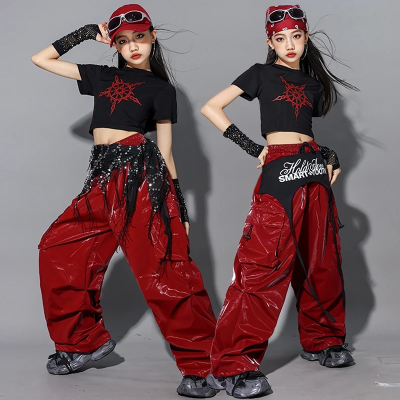 الأطفال ملابس رقص الجاز الفتيات Kpop أداء المرحلة ارتداء الأسود المحاصيل الأعلى مشرق الأحمر الهيب هوب الرقص السراويل الشارع Dancewear 2489
