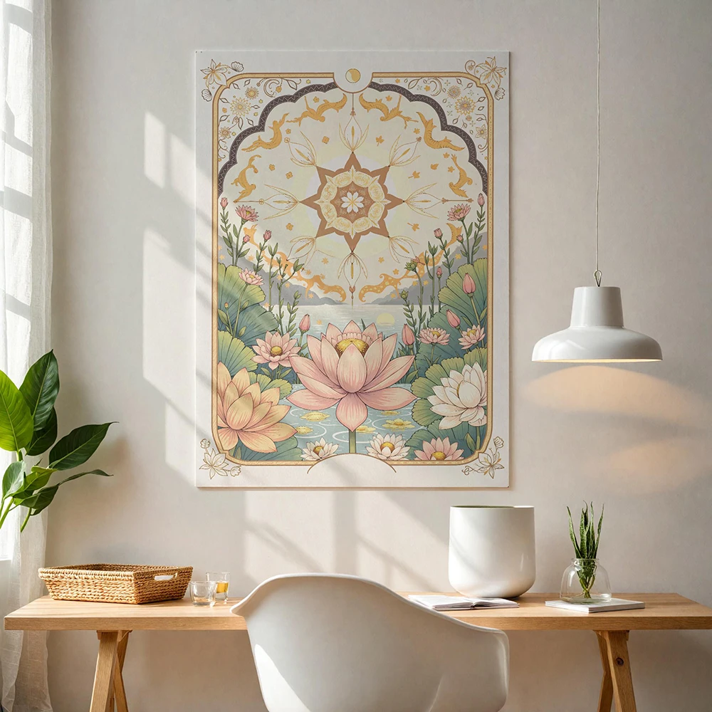 1PC frameless decorative art print,Boho Vintage Floral Star Tarot Card Art Prints Celestial Lotus and Sun Wall Canvas Painting F view 3