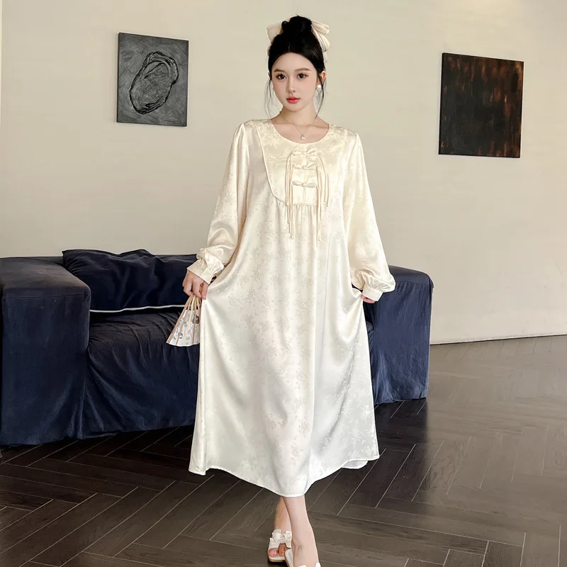 Silky Satin Nightgown Long Sleeve Nightdress Pajamas Large Size Retro Chinese Style Sleeping Dress For Women Spring Summer