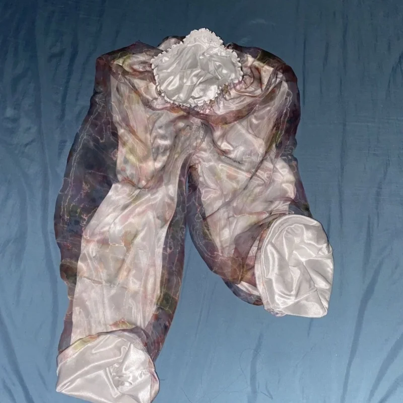 Pantaloni da uomo taglie forti lucidi a 2 strati in voile all'esterno in seta di ghiaccio all'interno con stampa floreale pantaloni al tatto setosi pantaloni da lanterna per dormire larghi da donna
