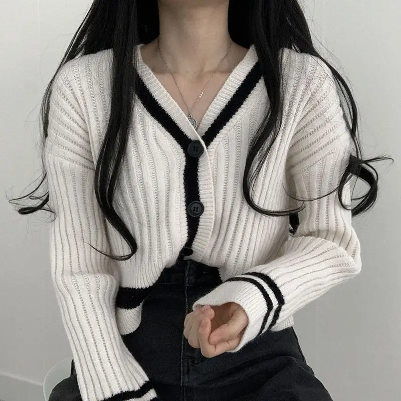 

Knitted Sweater Cardigan Contrast Color Striped Korean Style College Style Women'S Button Loose Slimming Short Jacket