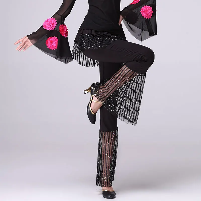 Praktijk Vierkante Moderne Dans Broek Flamenco Ballroom Waltz Pailletten Dance Pant Moderne Stadium Kostuum Voor Vrouwen