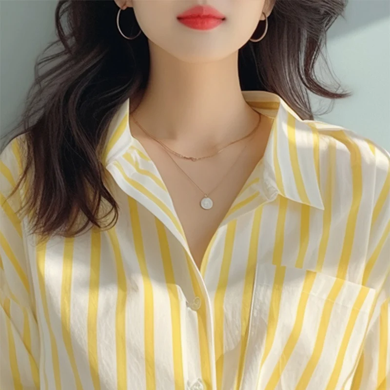 Yellow White Striped Casual Shirt Women Summer Vintage Versatile Contrast Color Single Breasted Tops Chic Turn-Down Collar Shirt