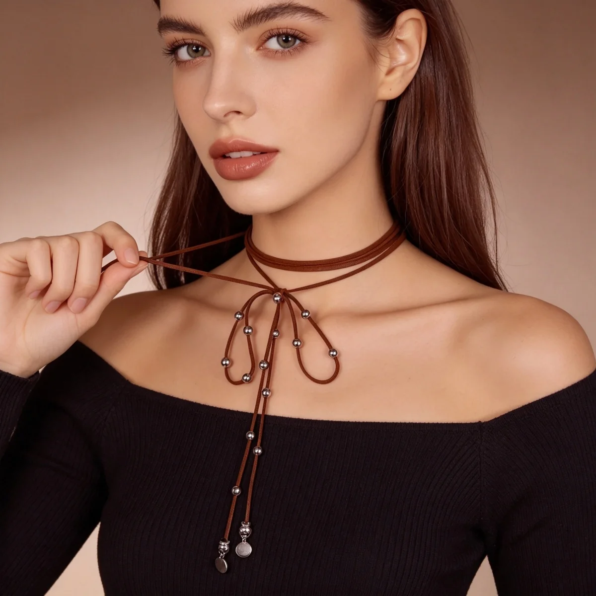 Trendige mehrschichtige Samt-Kordel-Schleifenkette für Damen und Herren, Retro-Western-Ästhetik, runde Perlen, Schleifenknoten-Choker-Schmuck. – Detail 15