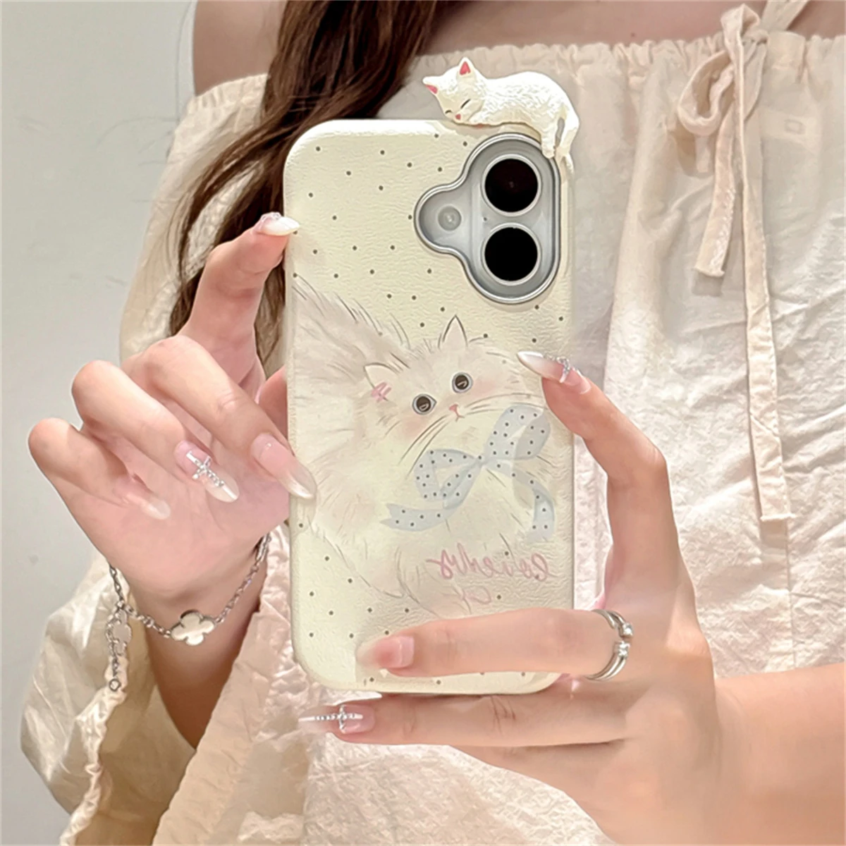 Cute Cartoon Bowknot 3D Cat Doll Soft Case For iPhone 16 15 14 13 12 Pro Max 15 16 Plus 11 Lychee Pattern Shockproof Back Cover