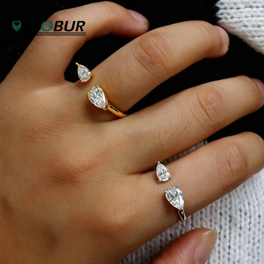 1.5cttw Double Pear Cut Moissanite Open Rings for Women Adjustable Size Lab Diamond Wedding Female Jewelry 925 Sterling Silver