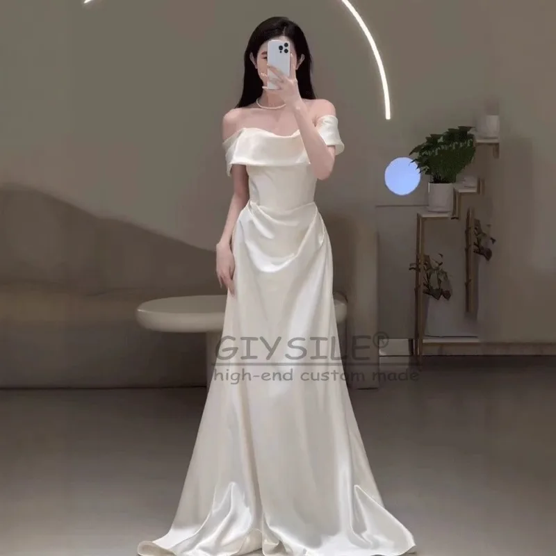GIYSILEカスタムメイドホワイトウェディングドレス2025新作サテンライトワンショルダー、スモールファッションフィッシュテールテールイブニングドレス