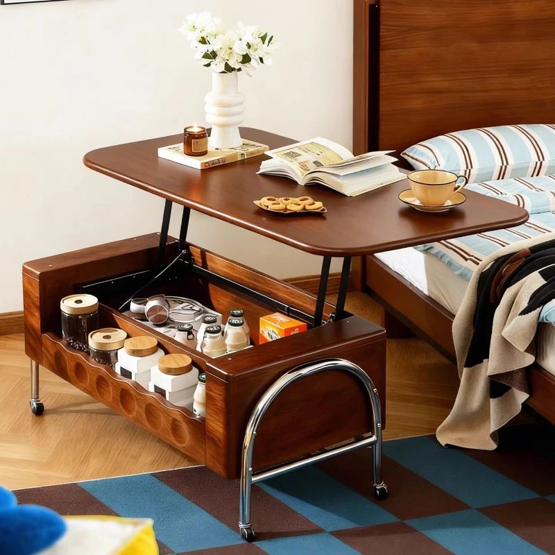 

Walnut color movable lifting coffee table French medium retro style living room table sofa side table storage cart
