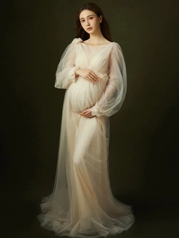 Women\'s Champagne Maternity Photo Shoot Long Sleeves Tulle Floral Pregnant Photography Props Long Mesh Maxi Dress