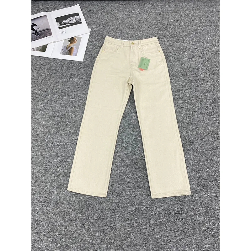 Women Velvet thickened denim pants off white comfortable high waisted straight leg jeans