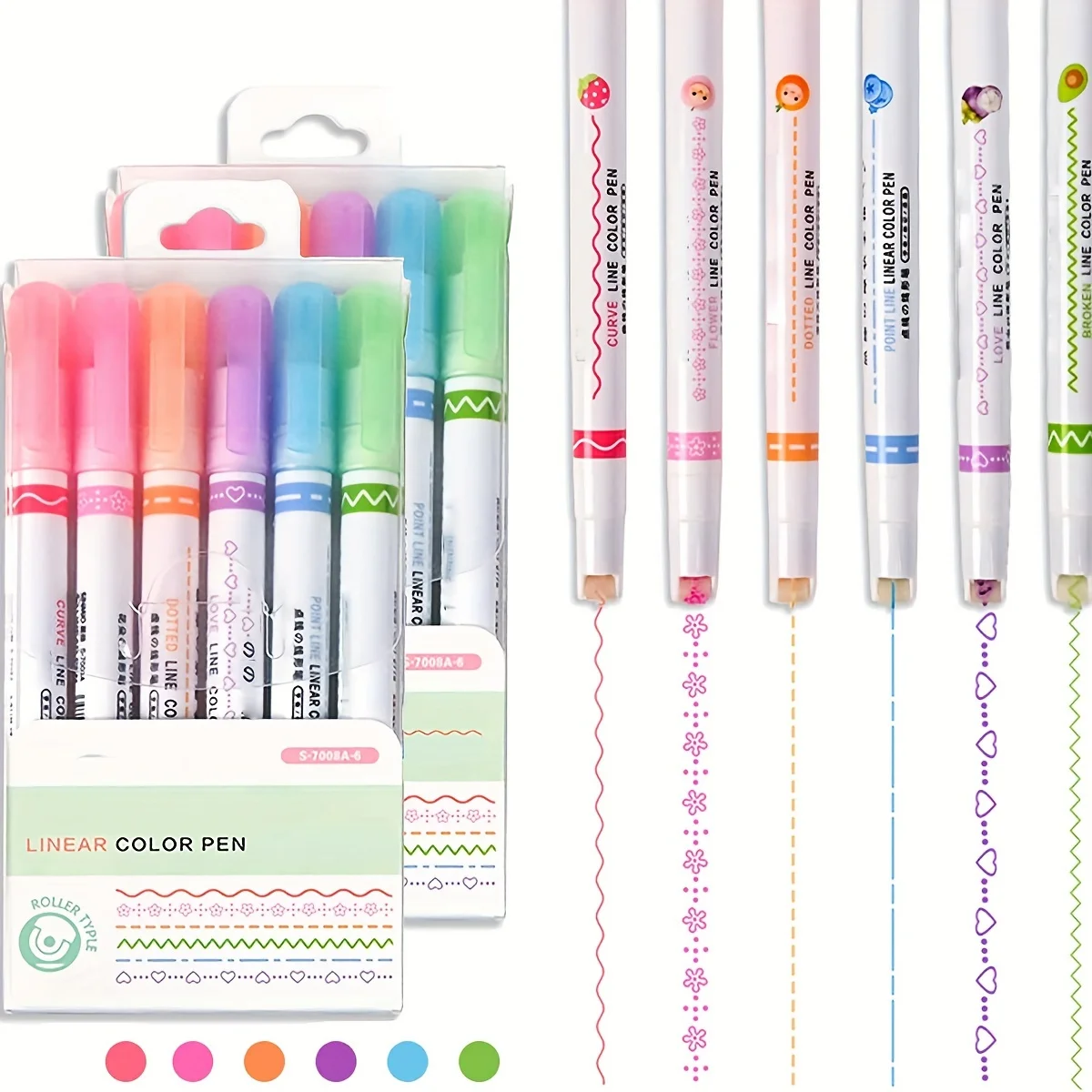 6 Color Scrolling Curve Liner Highlighter Wave Line Love Star Stamp Roller Tip Art Marker Pen For Hand Account Scrapbook Drawing