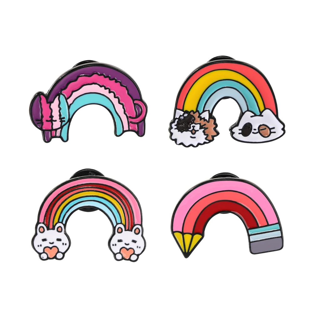 4Pcs/Set Creative Cute Rainbow Cat Rabbit Pencil Enamel Pins Brooches For Women Clothes Bag Hat Decoration