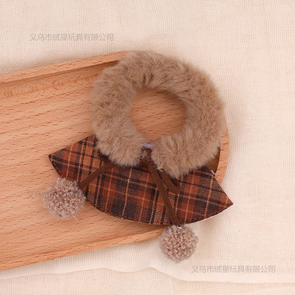Mini Plush Furry Collar Plaid Doll Cloak With Double Pom Poms Winter Shawl Outfit Accessories For 10-17cm Cotton Stuffed Doll