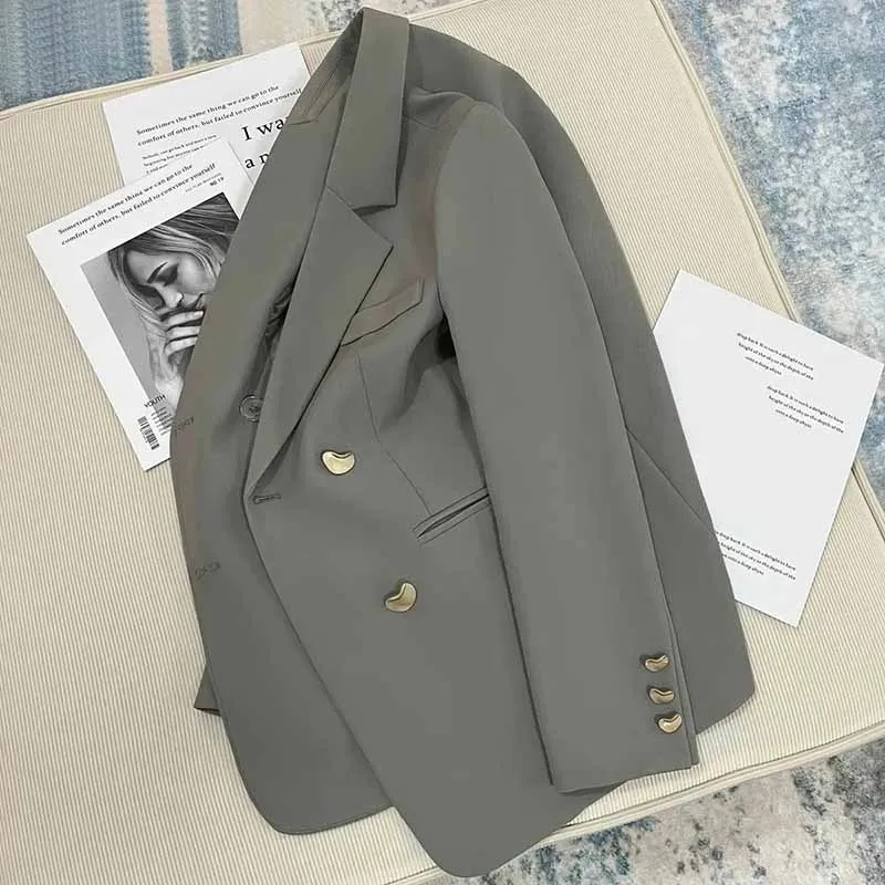 2024 British Style Senior New Women Fashion Elegant Gray Blazer Jacket Female Loose Fit Trend Mid Length Version Suit Tops Coat