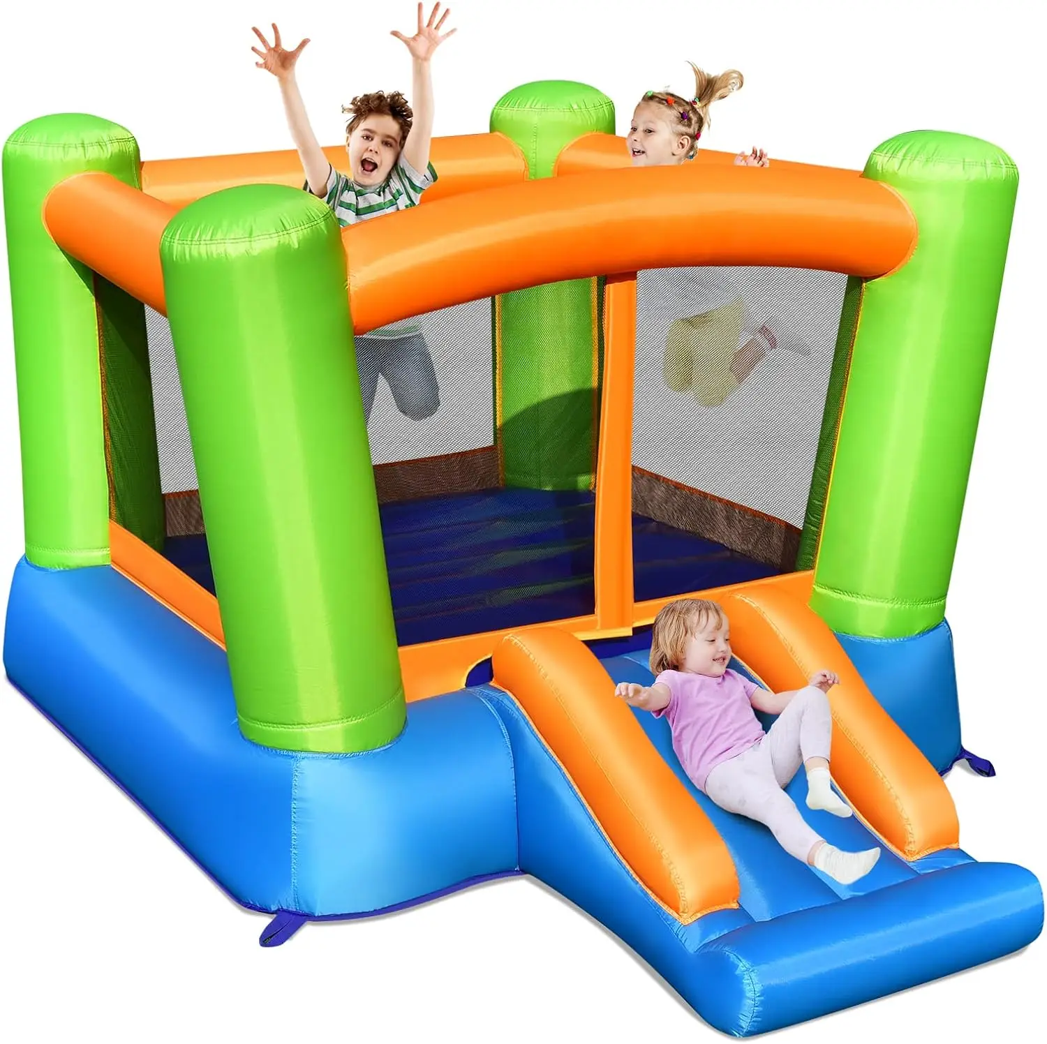 Inflatable Bounce House, Kids Bounce Castle Outside, Jumping Castle Bouncer w/Slide, Large Jumping Area, 2-in-1 Bouncy House for